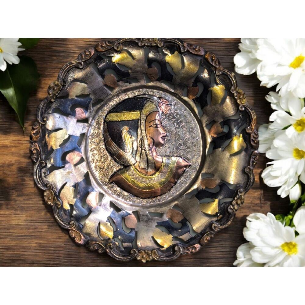 Egyptian Brass Wall Decor Plate Queen Cleopatra Cut-out 11.5"